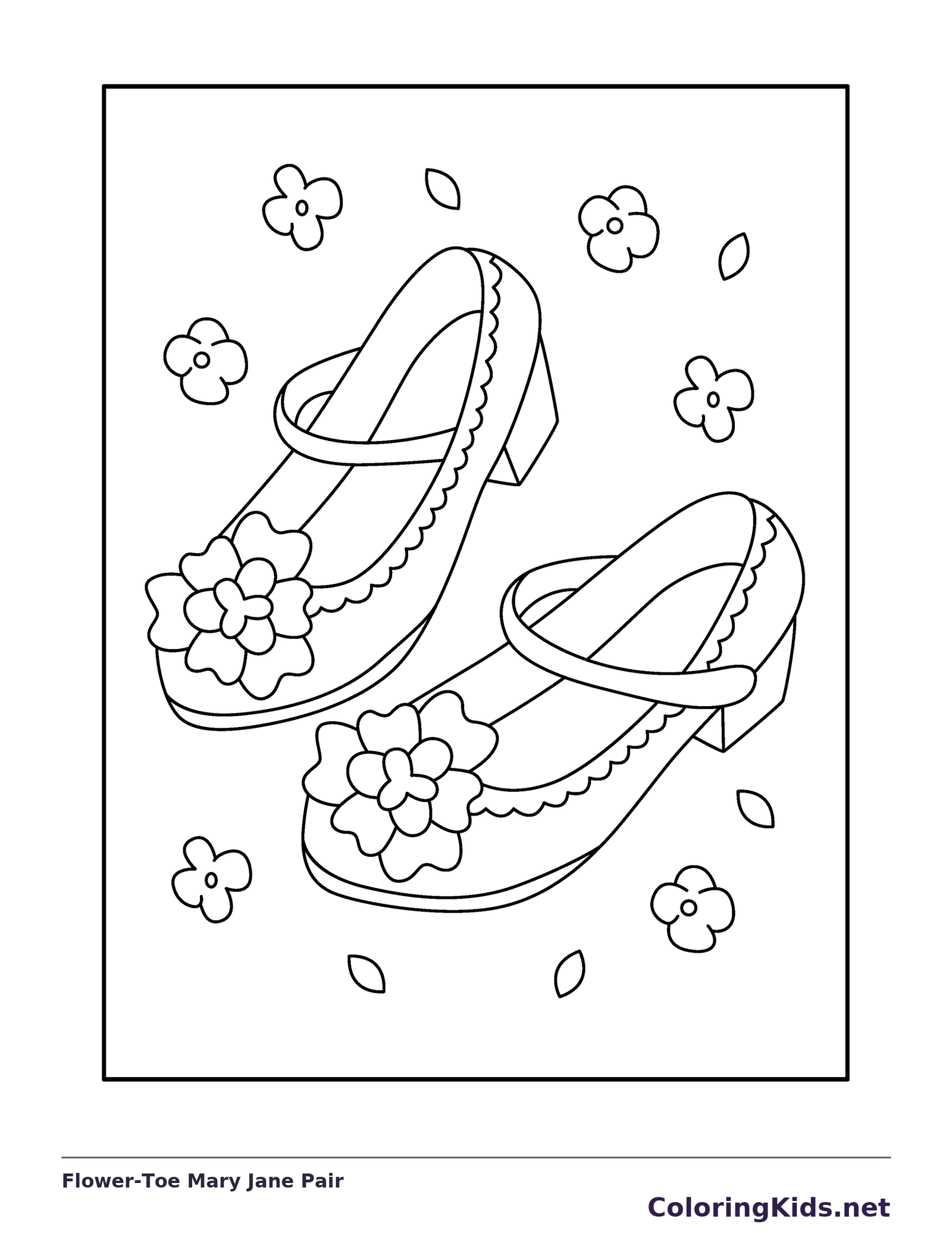 Flower-Toe Mary Jane Pair coloring page: black and white line art to print or color online