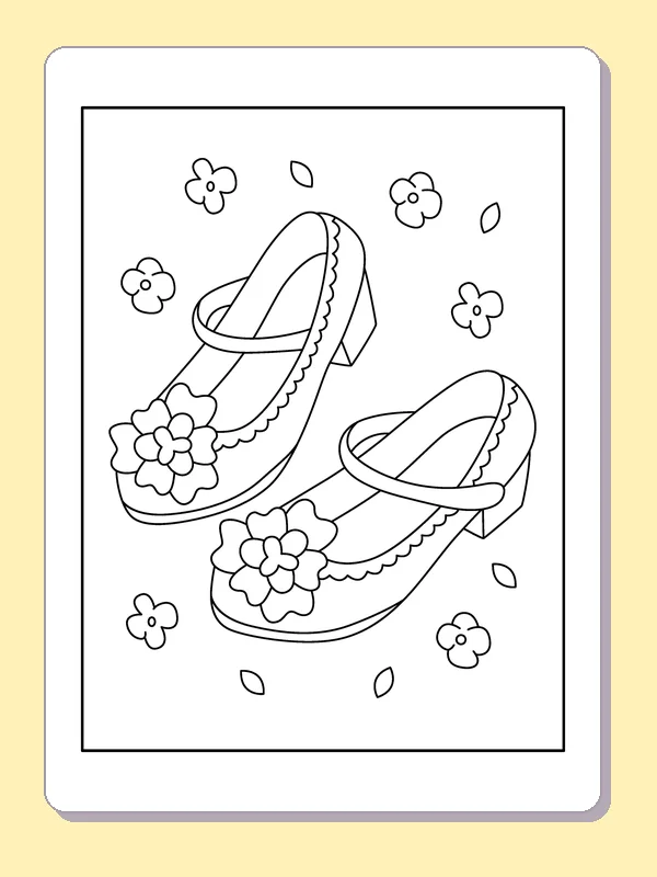 Flower-Toe Mary Jane Pair coloring page: black and white line art to print or color online