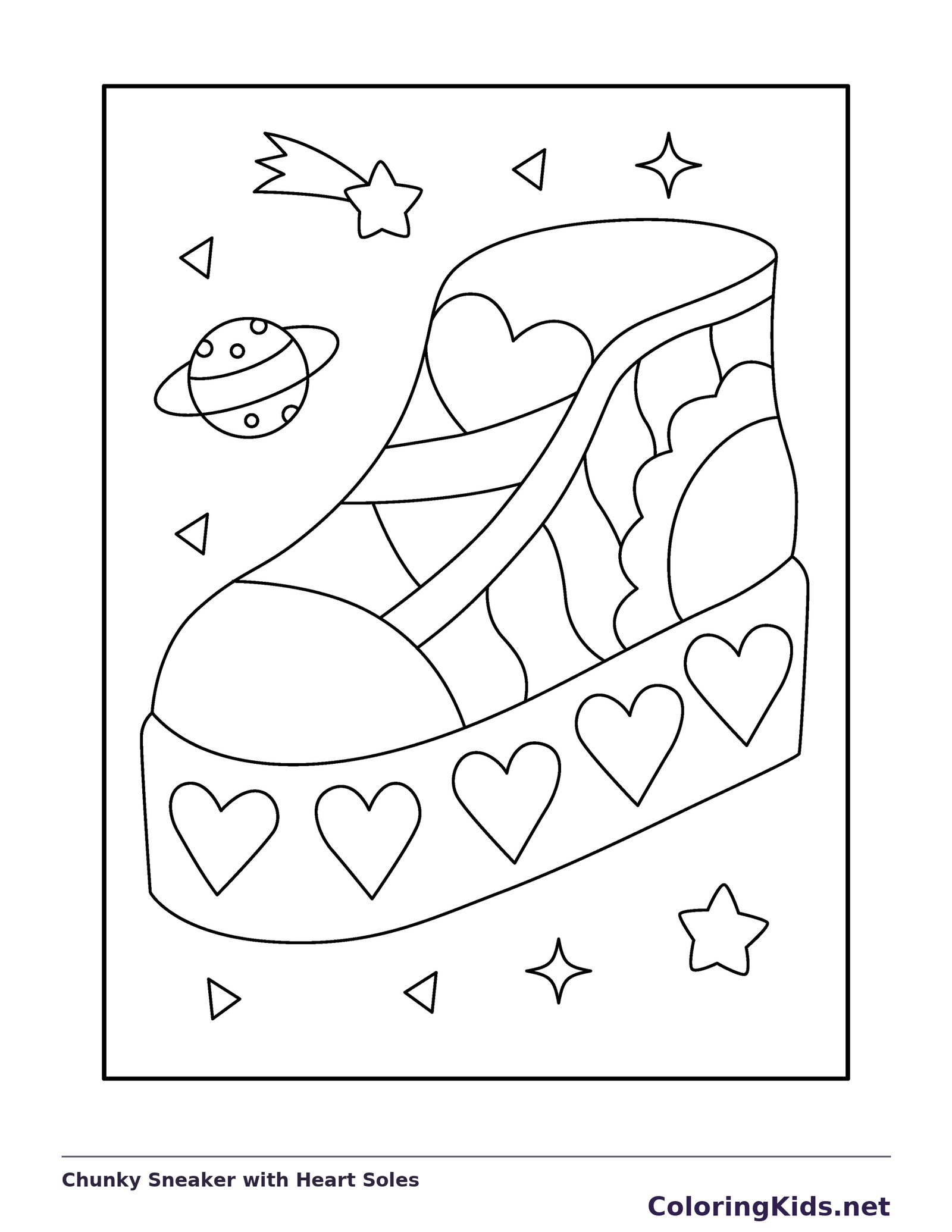 Chunky Sneaker with Heart Soles coloring page: black and white line art to print or color online