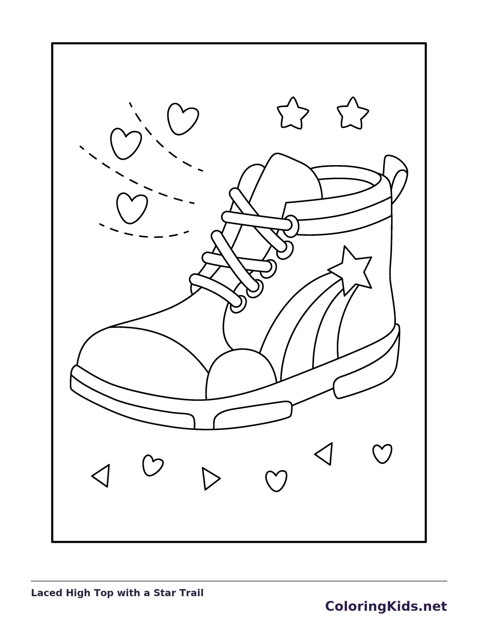 Laced High Top with a Star Trail coloring page: black and white line art to print or color online