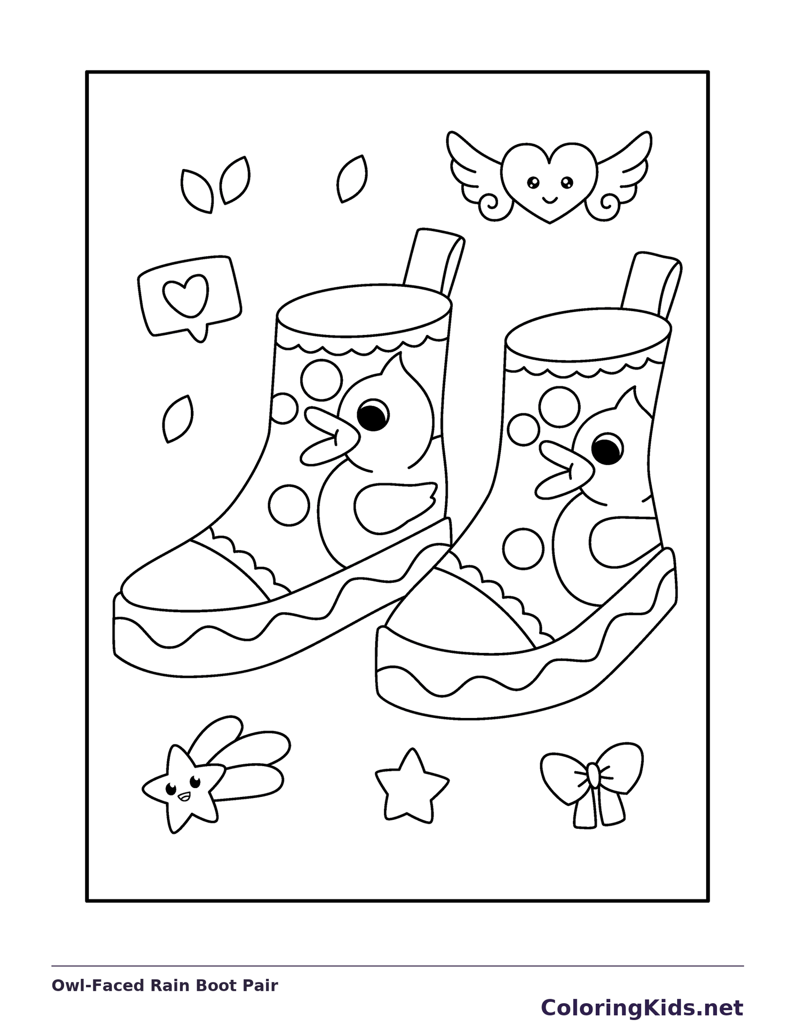 Owl-Faced Rain Boot Pair coloring page: black and white line art to print or color online