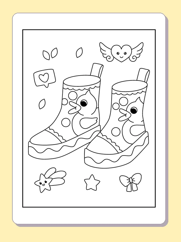 Owl-Faced Rain Boot Pair coloring page: black and white line art to print or color online