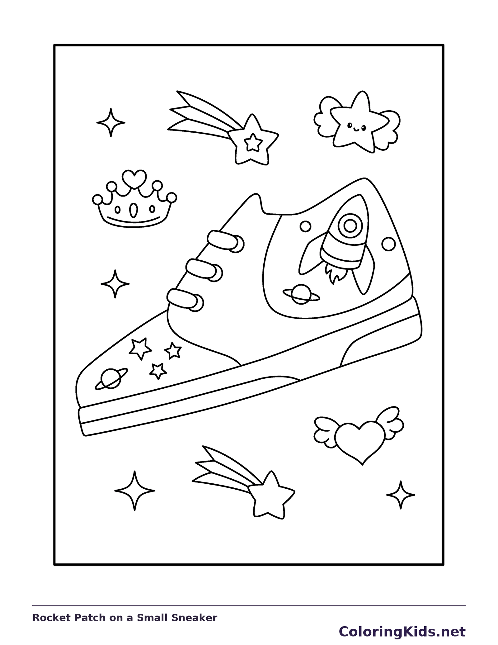 Rocket Patch on a Small Sneaker coloring page: black and white line art to print or color online