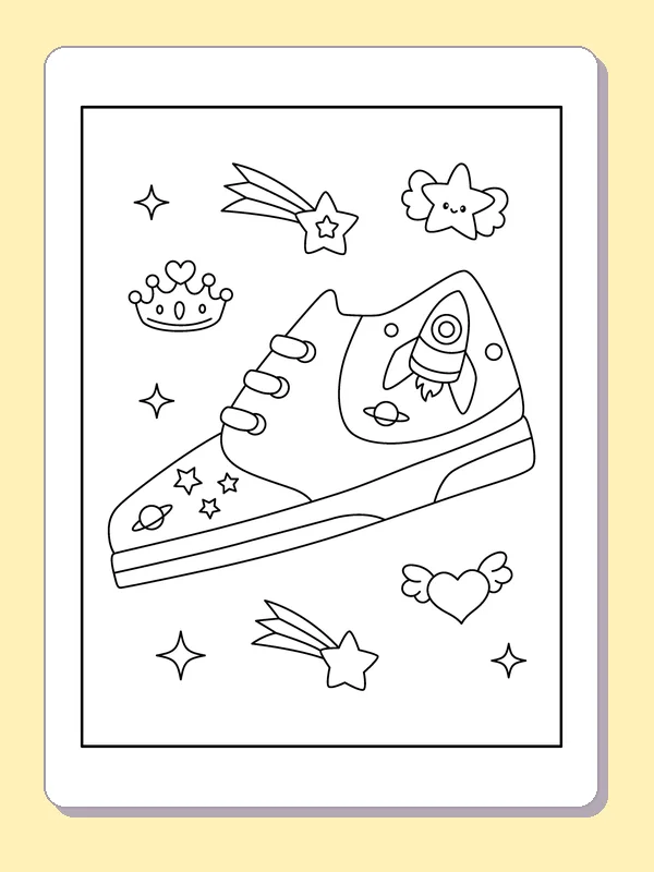 Rocket Patch on a Small Sneaker coloring page: black and white line art to print or color online