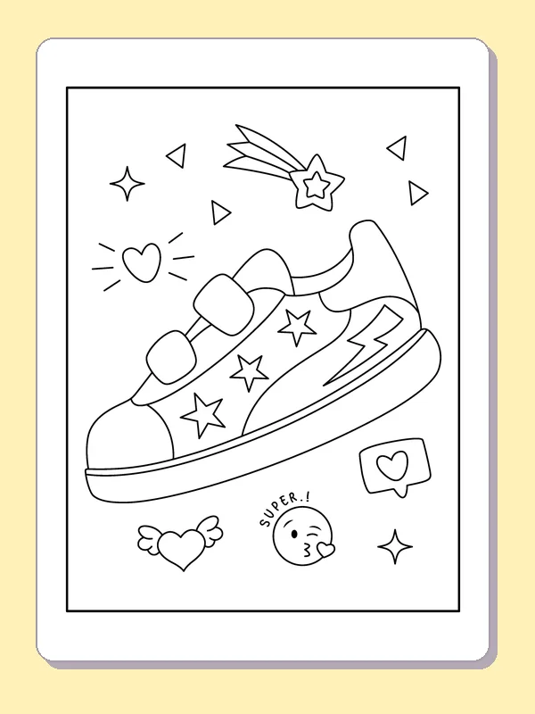 Star-Decorated Velcro Sneaker coloring page: black and white line art to print or color online