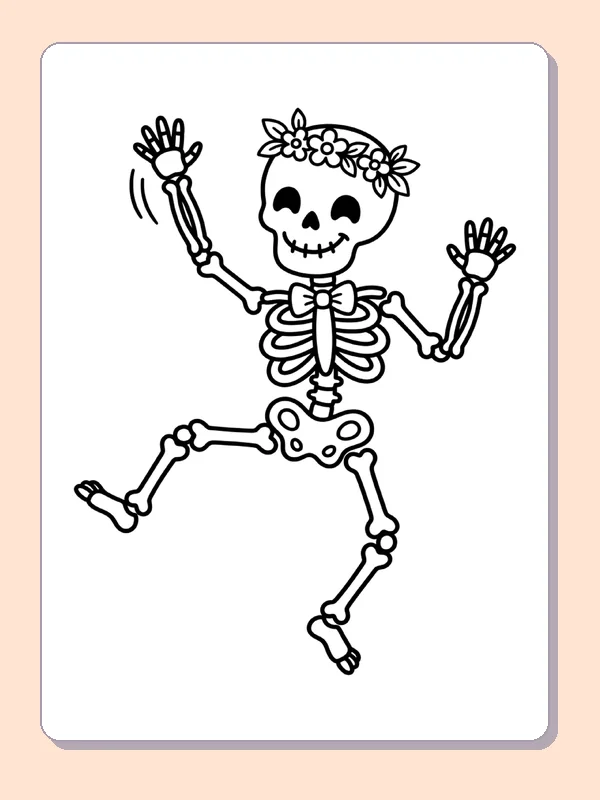 A dancing skeleton lifts its arms beneath a flower crown.