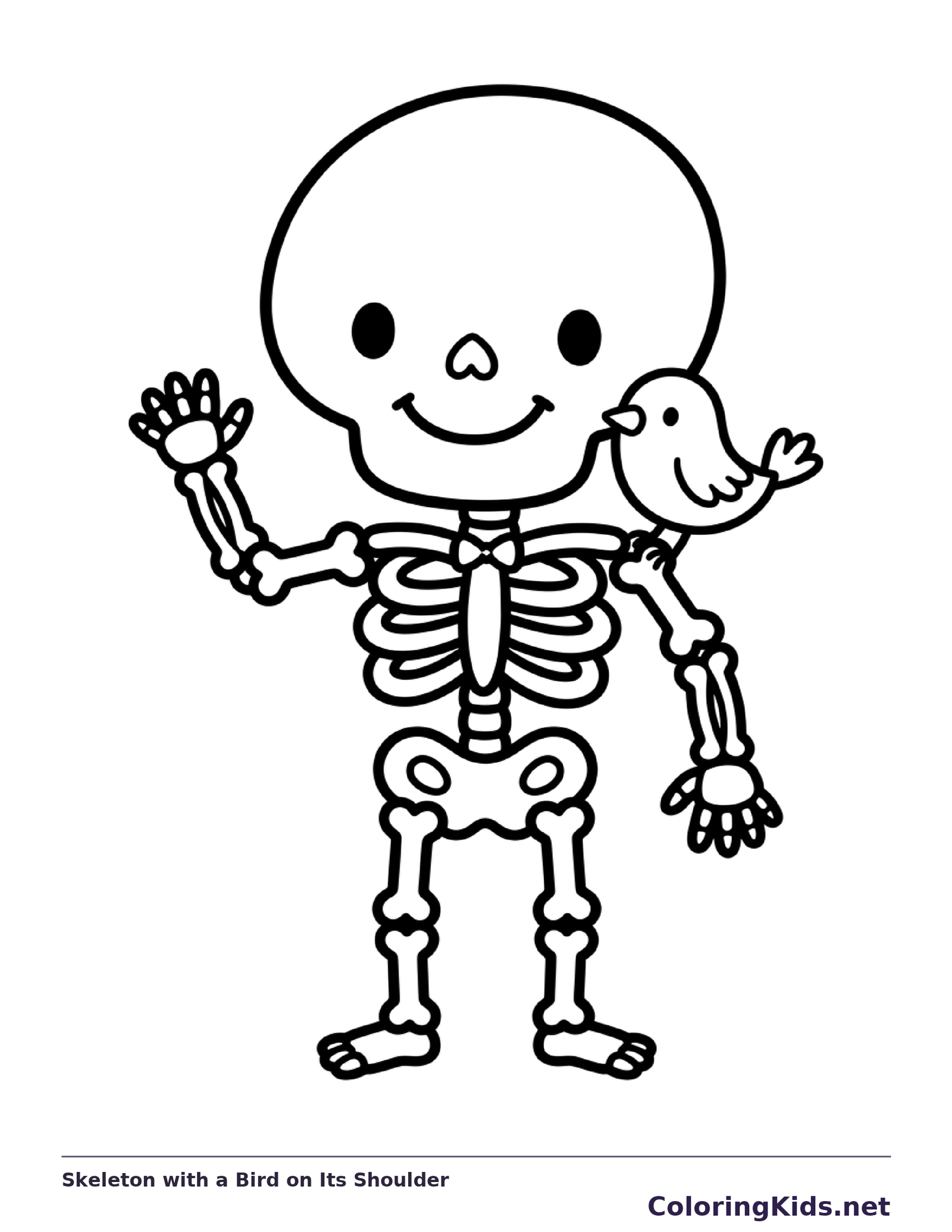 A small bird perches on the smiling skeleton’s shoulder while it waves.