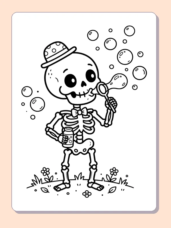 A skeleton blows a trail of floating bubbles.