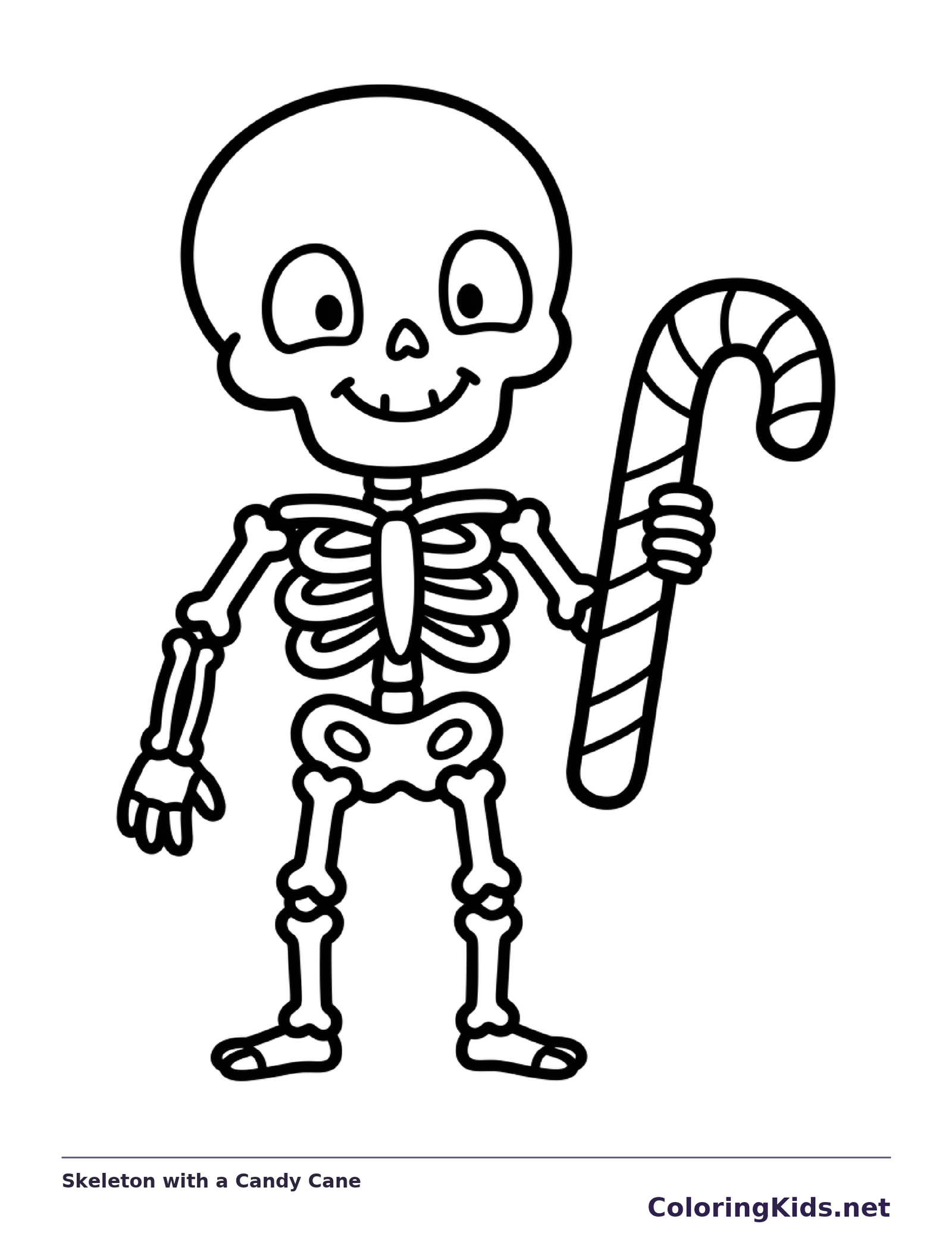 A skeleton holds a curved candy cane.