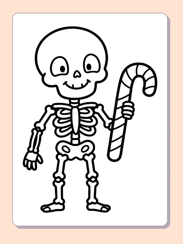A skeleton holds a curved candy cane.