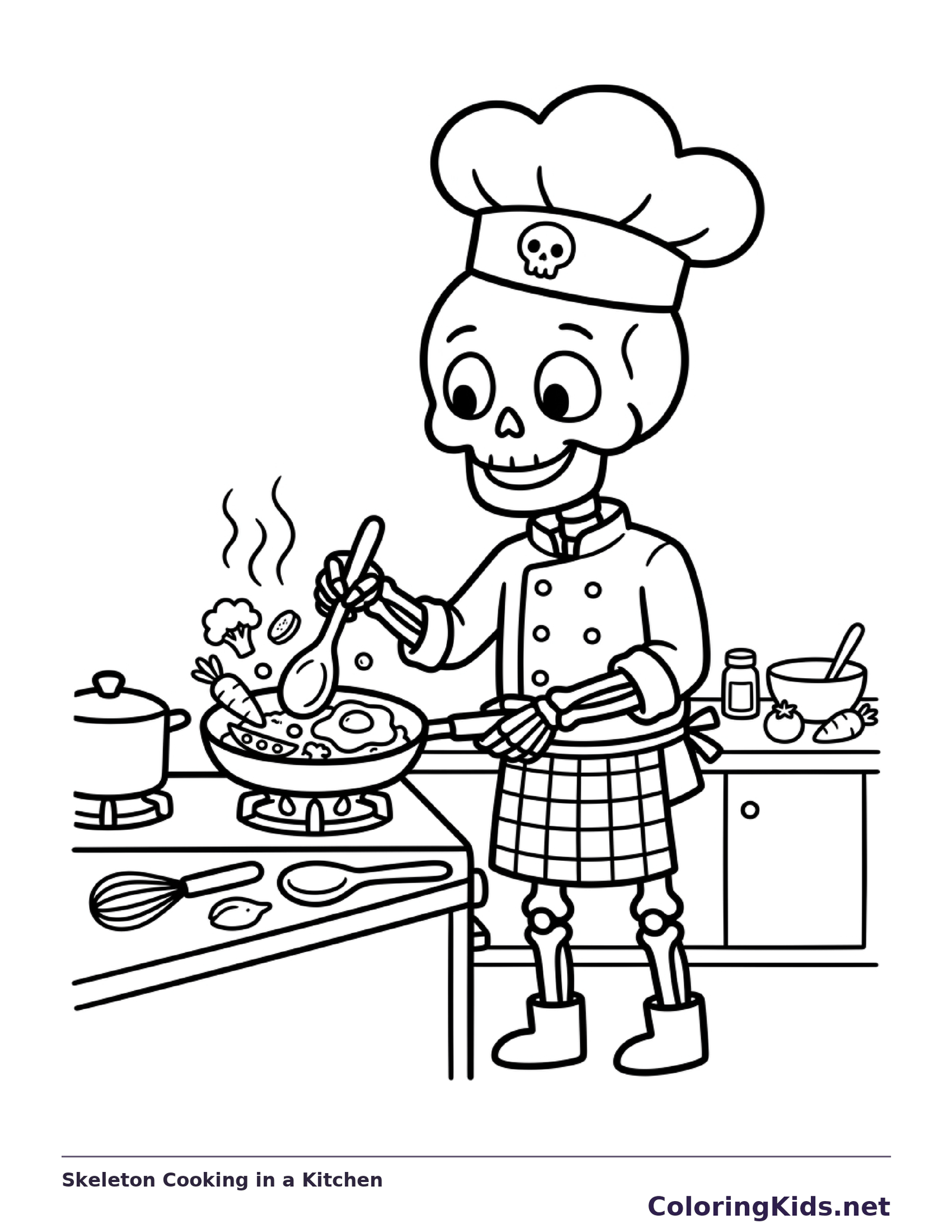 A chef skeleton cooks at a kitchen counter.
