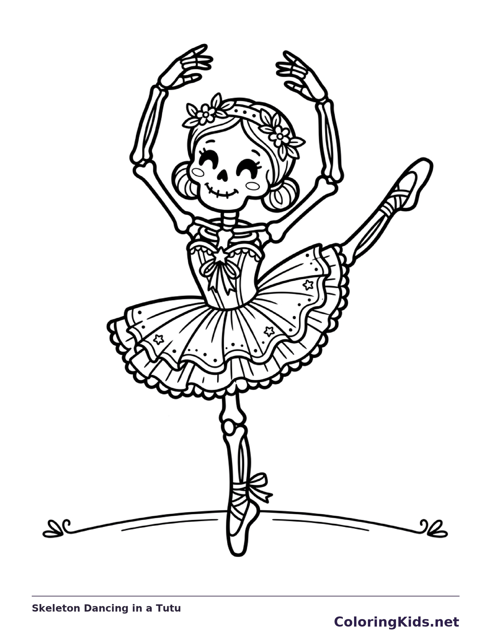 A skeleton dances in a tutu with both arms raised.