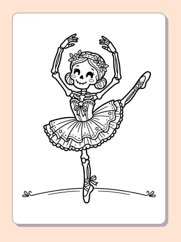 A skeleton dances in a tutu with both arms raised.