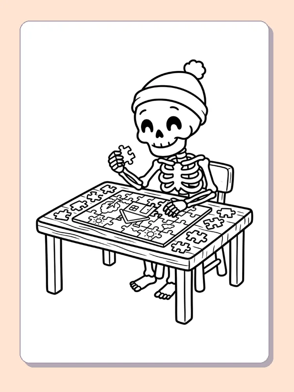 A skeleton concentrates on a tabletop puzzle.
