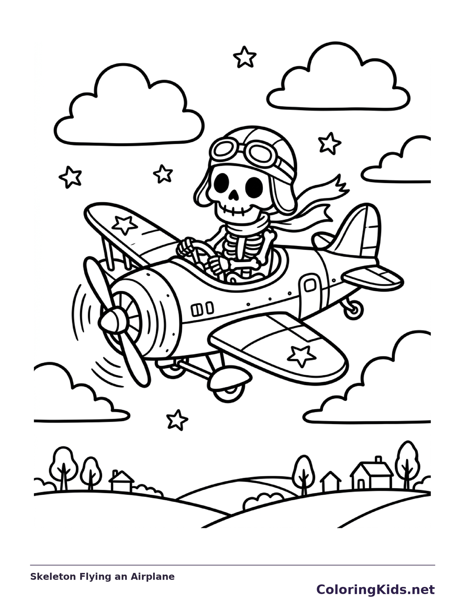 A skeleton pilot flies a small propeller airplane above hills and clouds.