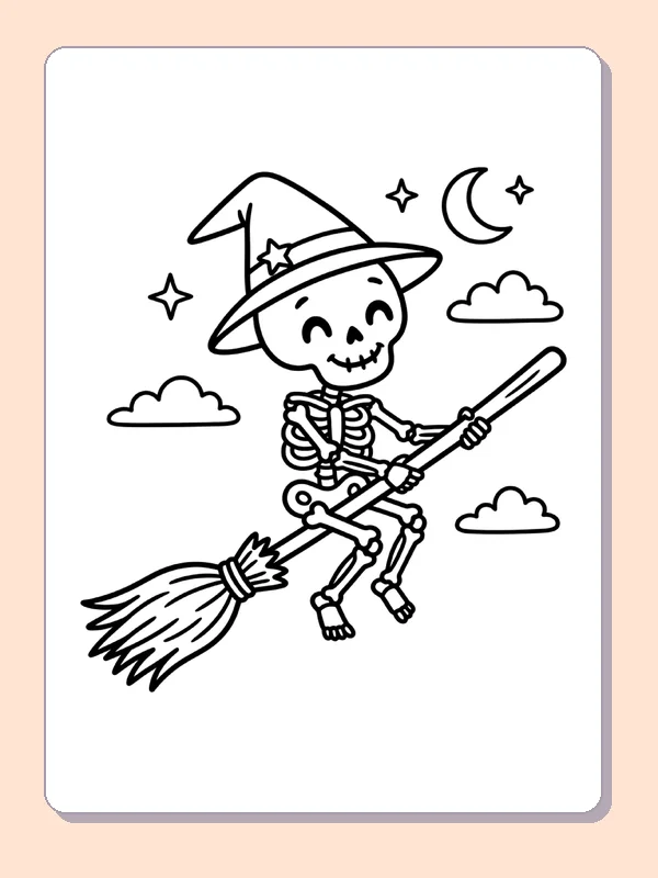 A skeleton rides a broom across a moonlit sky.