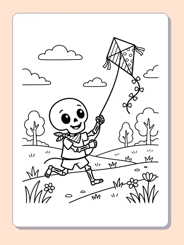 A skeleton runs while flying a kite.