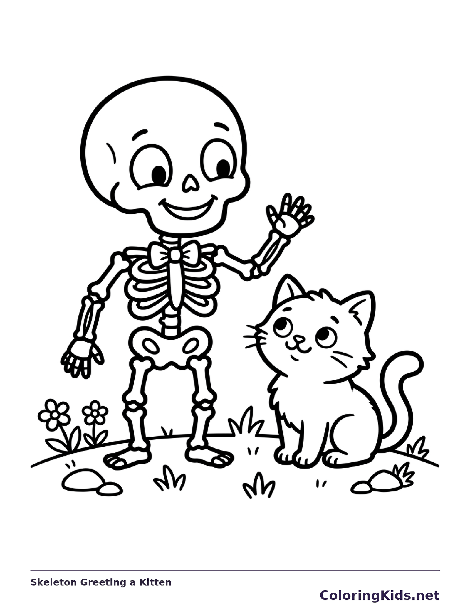 A smiling skeleton leans toward a kitten beside its feet.