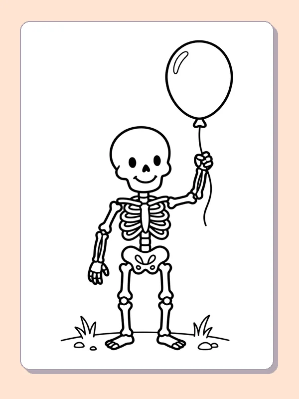 A skeleton holds one balloon on a string.