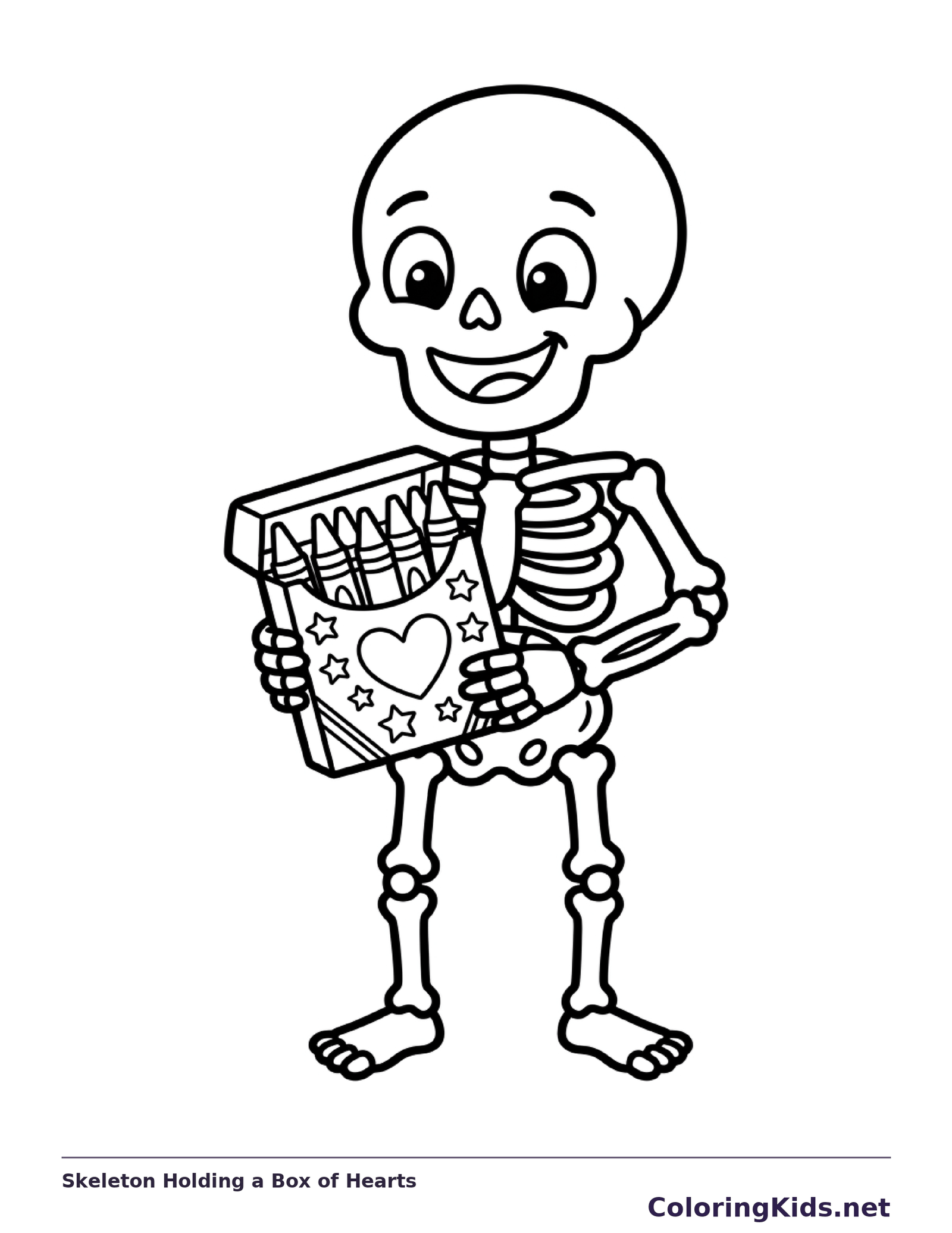 A skeleton holds a box decorated with hearts.