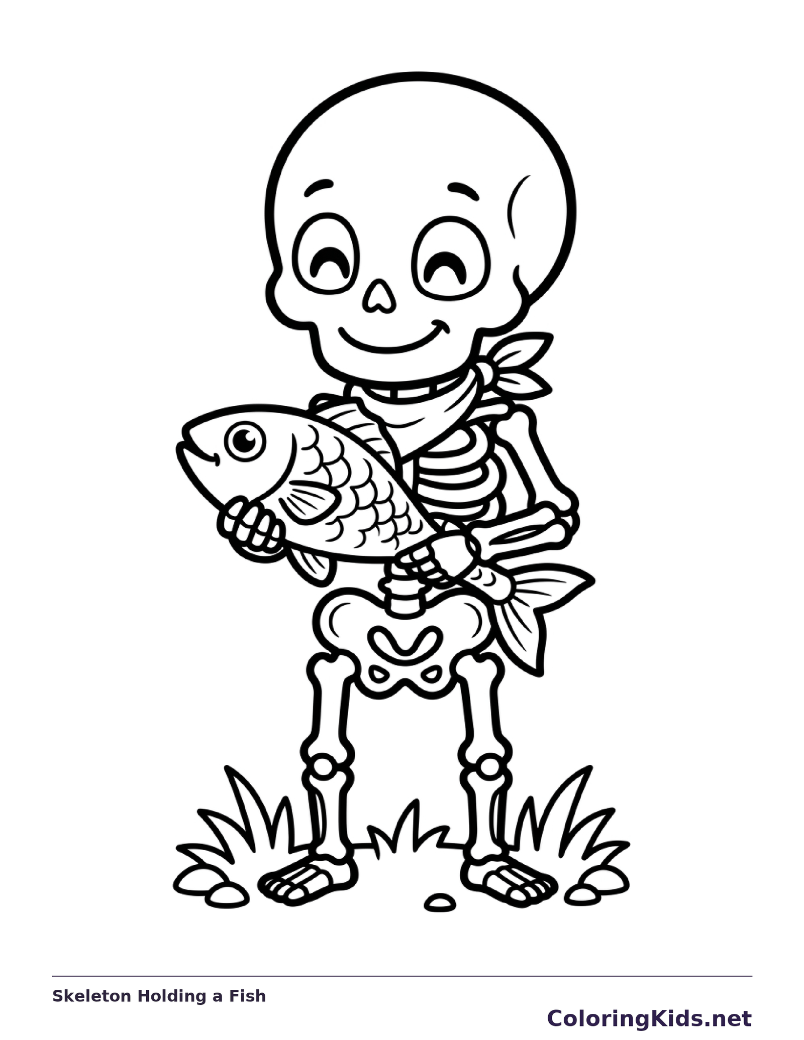 A skeleton proudly holds a fish.