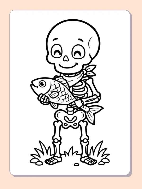 A skeleton proudly holds a fish.
