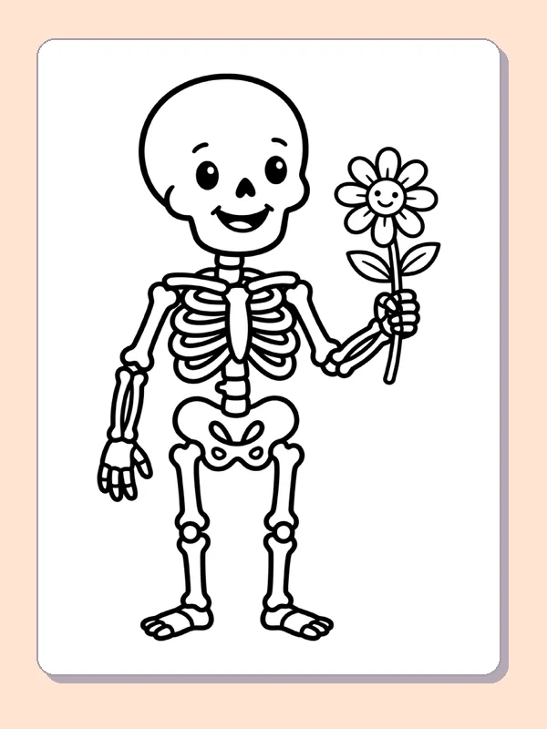 A smiling skeleton holds one flower up.