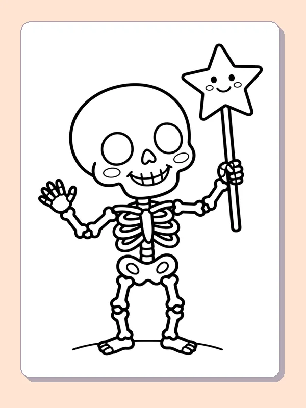 A waving skeleton holds a star wand in its other hand.