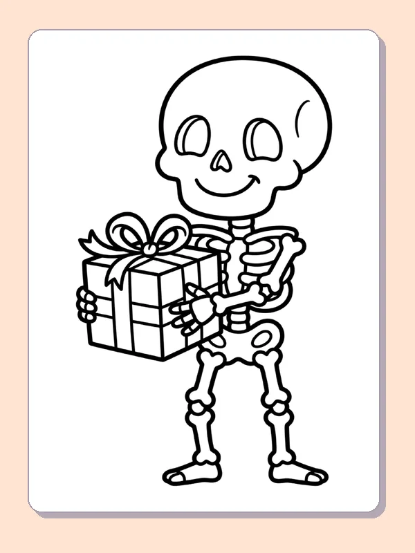 A skeleton carries a wrapped gift with a bow.
