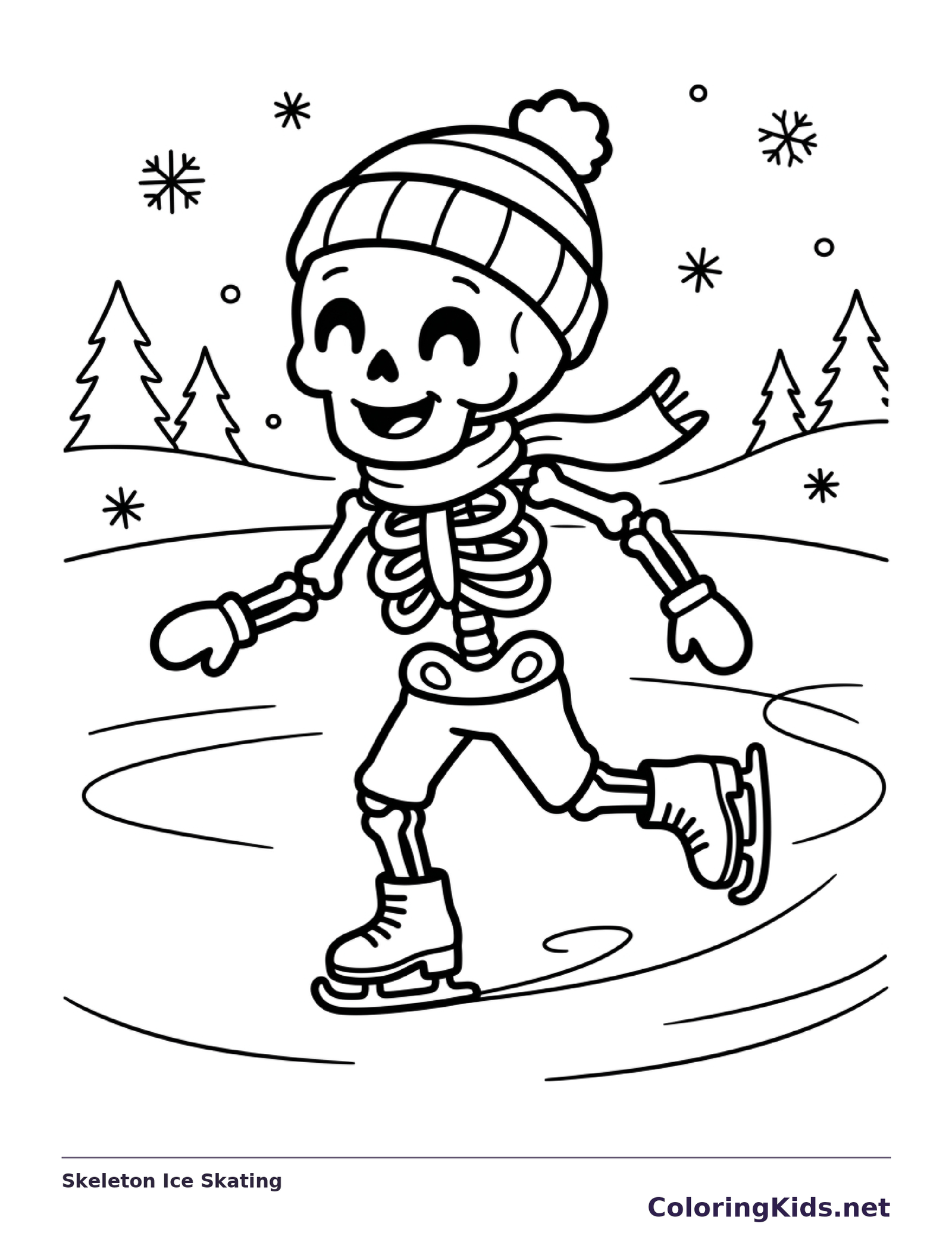 A skeleton skates across an icy pond in a winter hat.