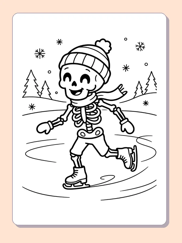 A skeleton skates across an icy pond in a winter hat.