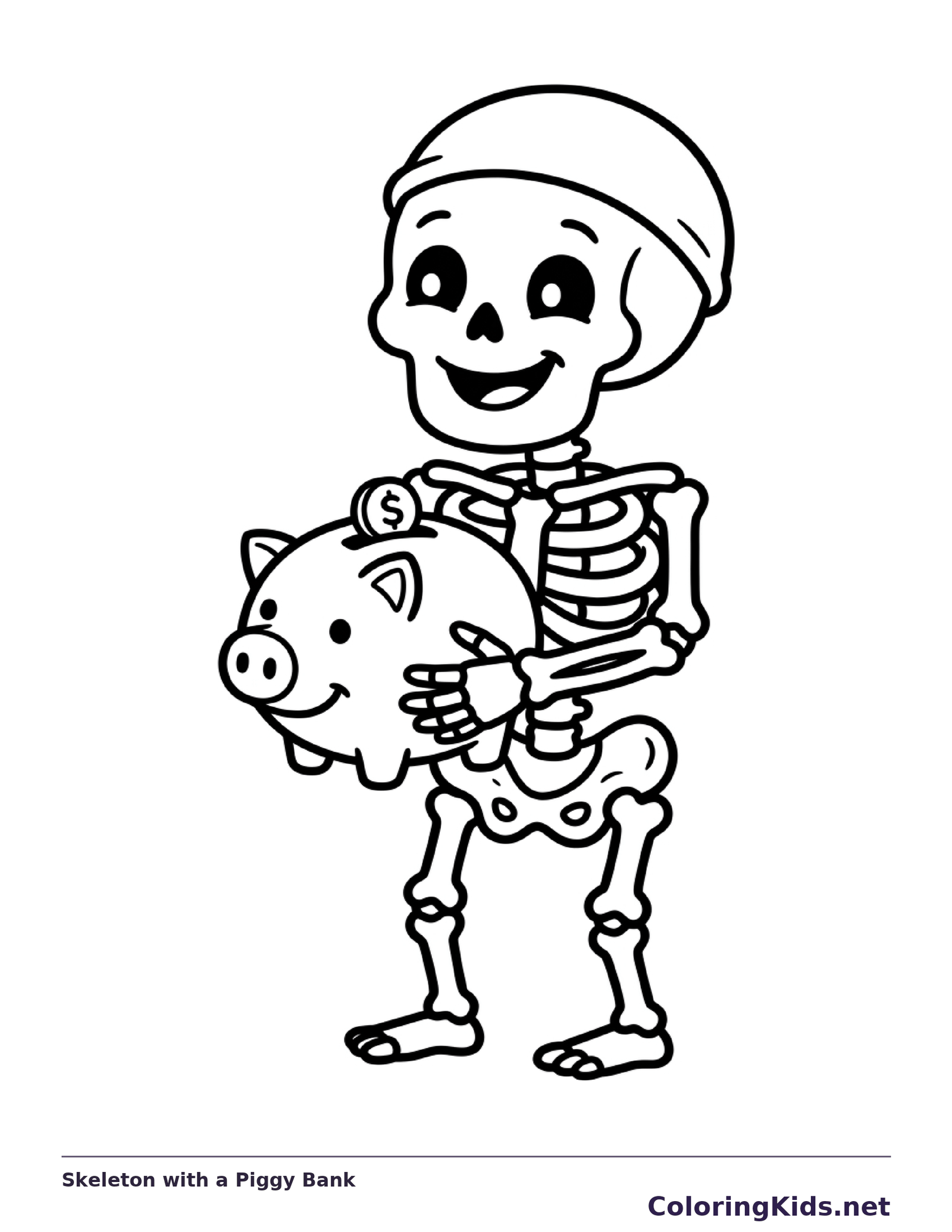 A skeleton hugs a piggy bank against its ribs.