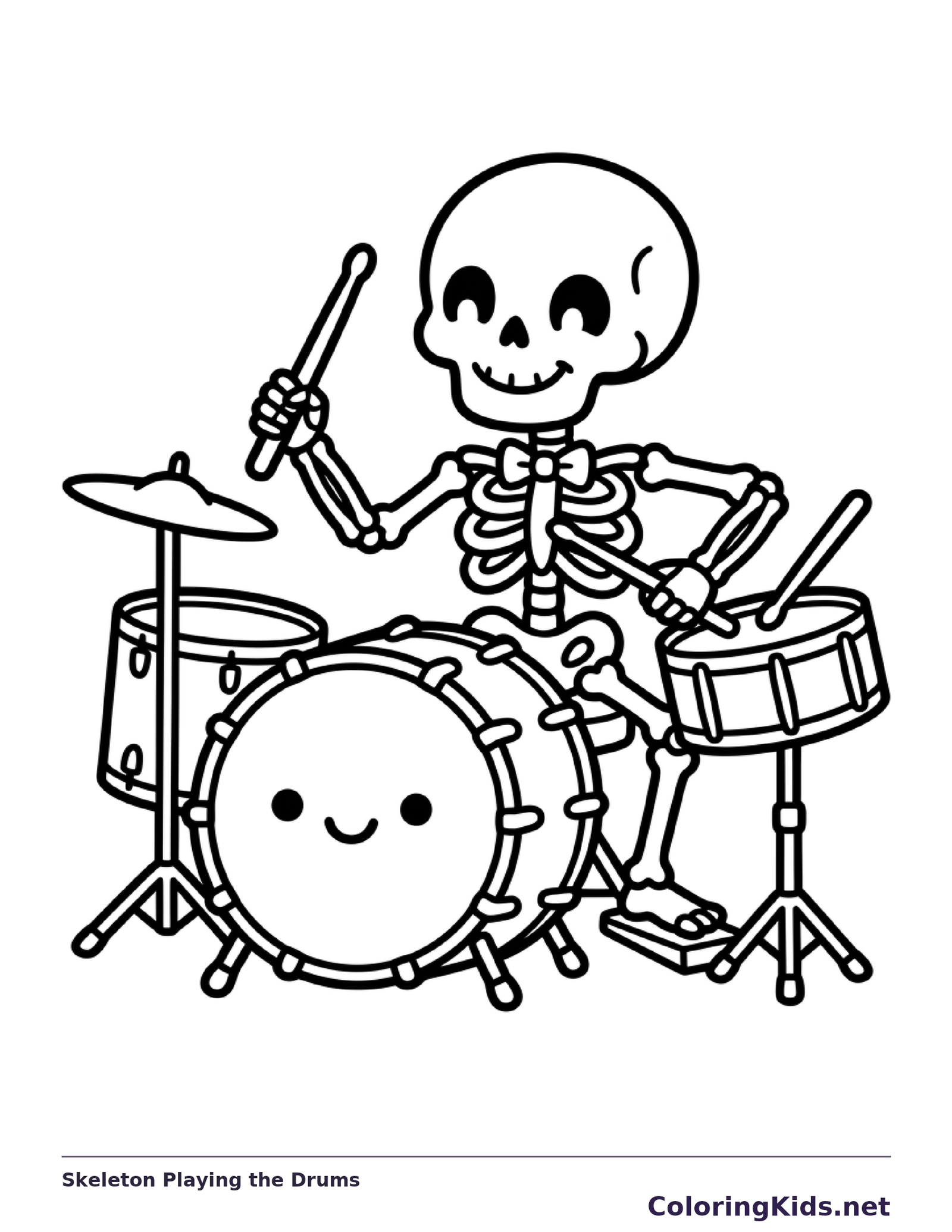 A skeleton sits behind a drum kit.