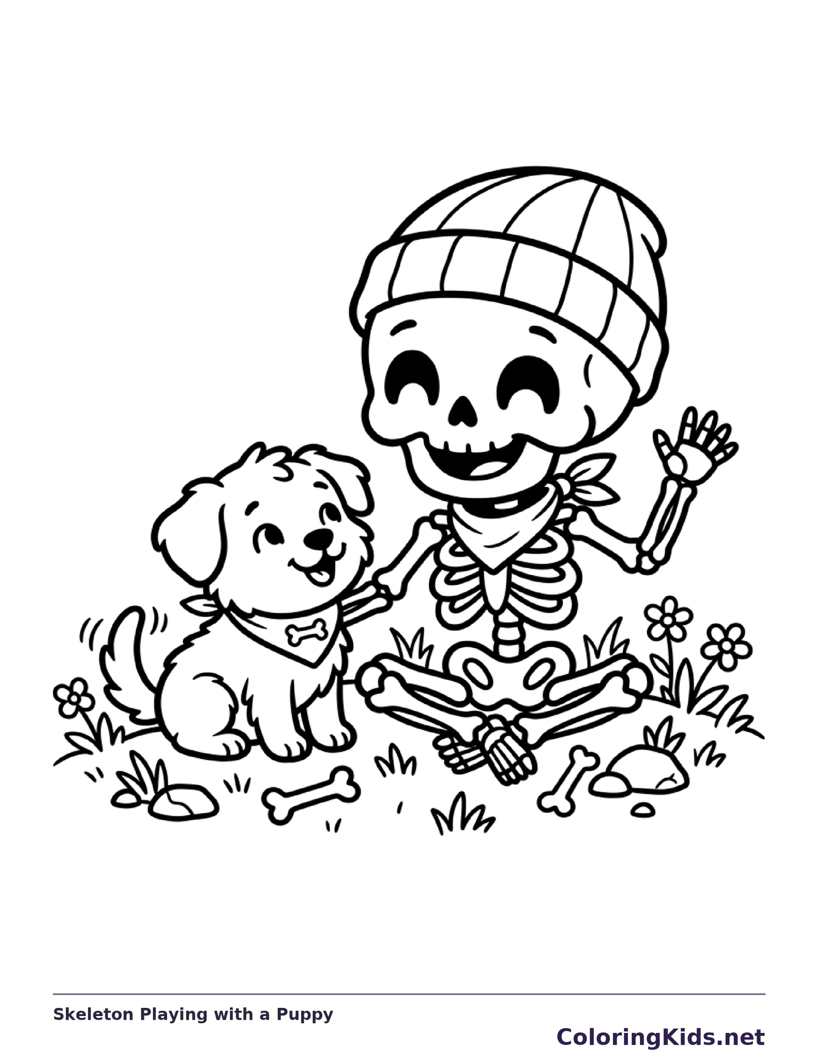 A skeleton sits beside a playful puppy in the grass.