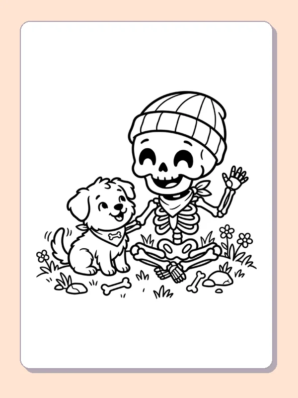 A skeleton sits beside a playful puppy in the grass.