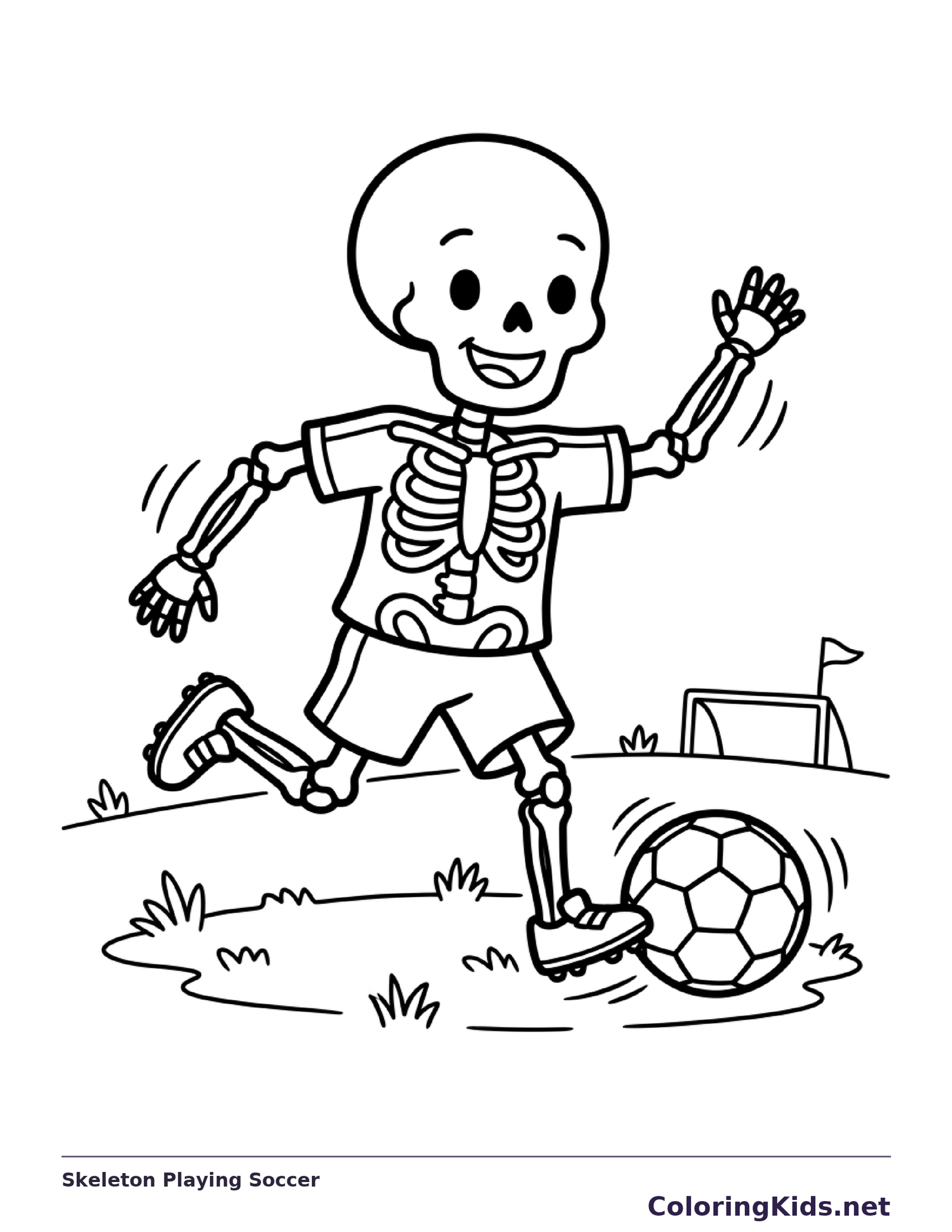 A skeleton runs after a soccer ball on a small field.