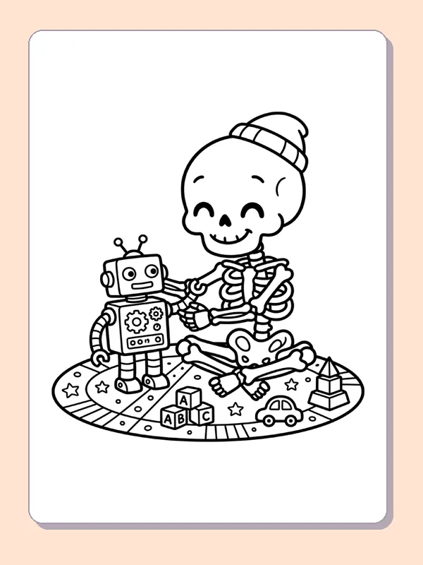 A skeleton plays beside a little toy robot.