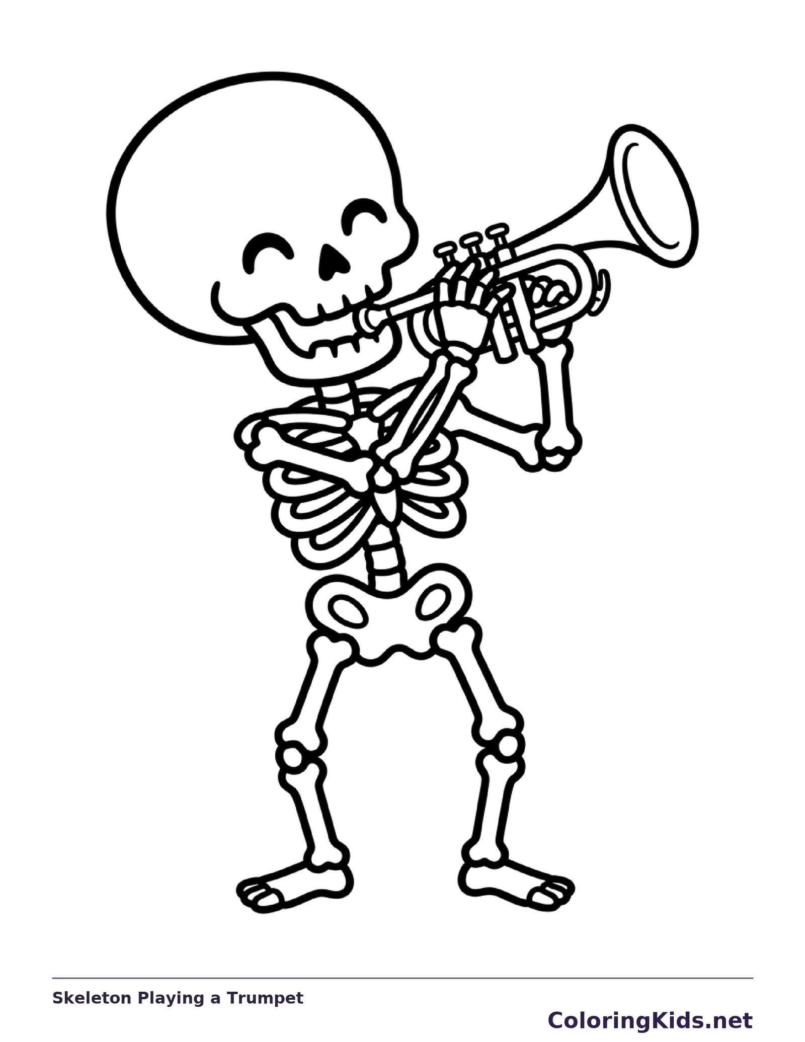 A skeleton lifts a trumpet toward its mouth.