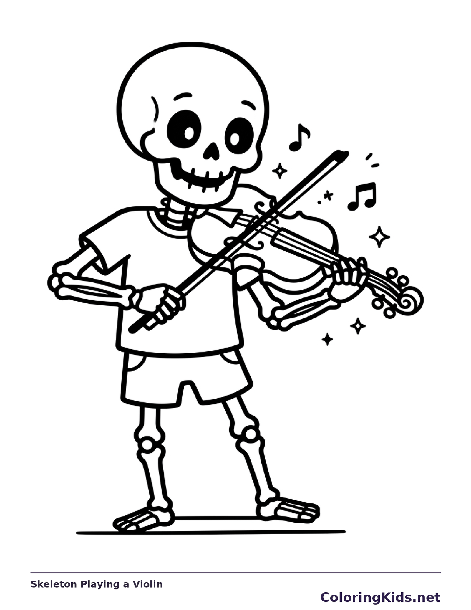 A skeleton plays a violin with a bow.