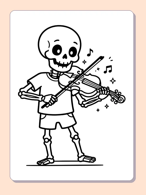 A skeleton plays a violin with a bow.