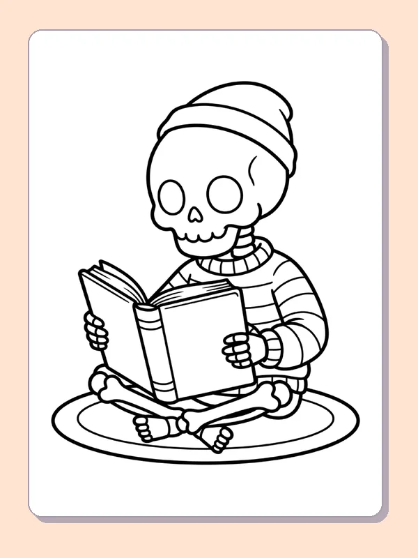 A skeleton reads a book at a small table.