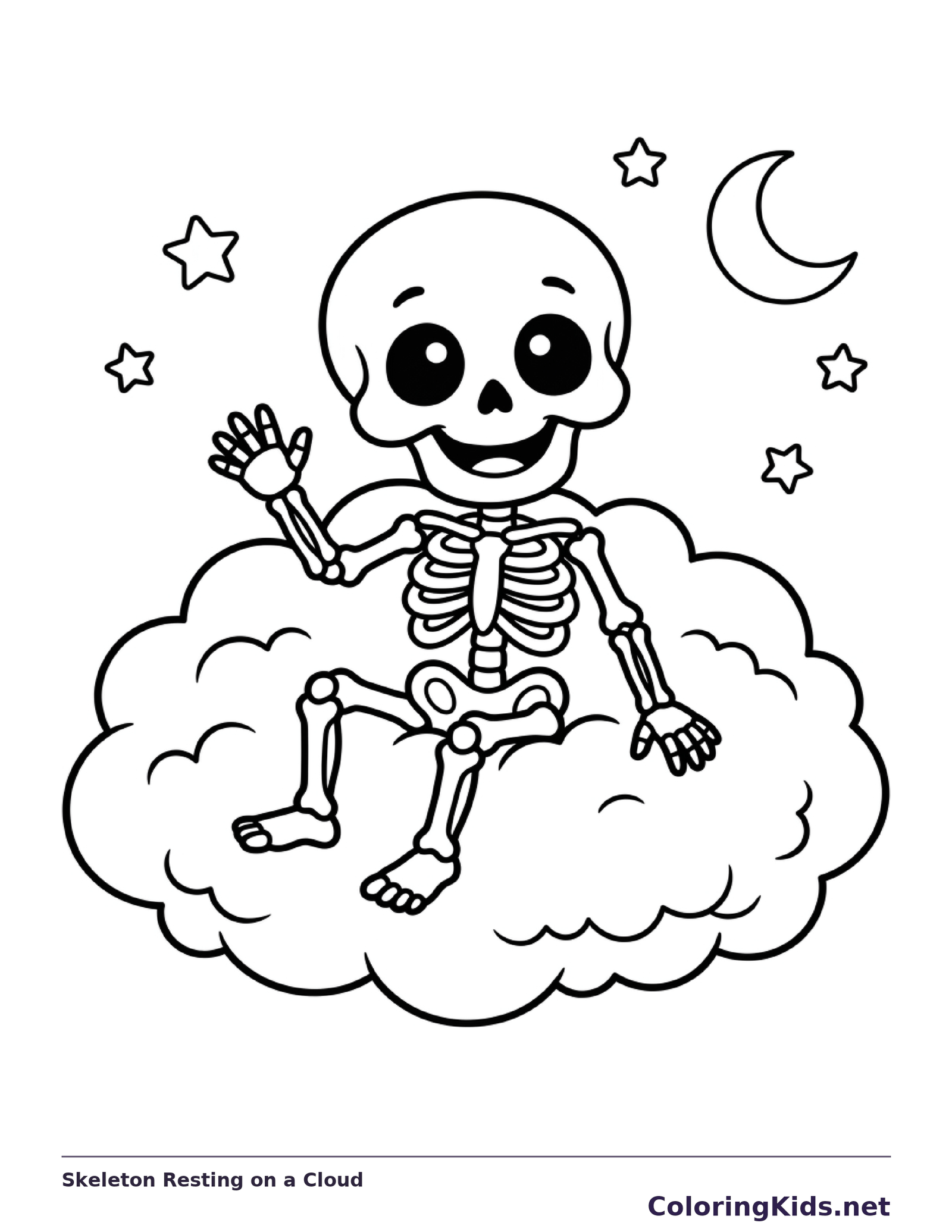 A skeleton relaxes on a cloud beneath a crescent moon.