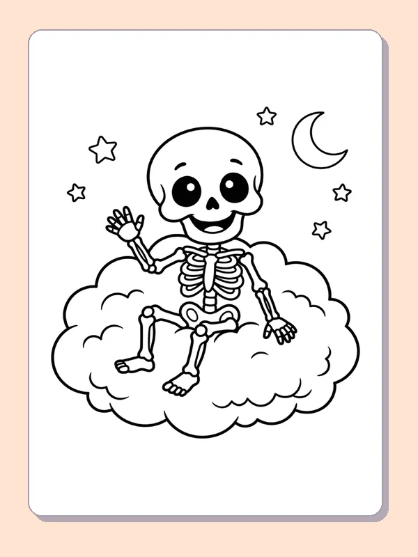 A skeleton relaxes on a cloud beneath a crescent moon.