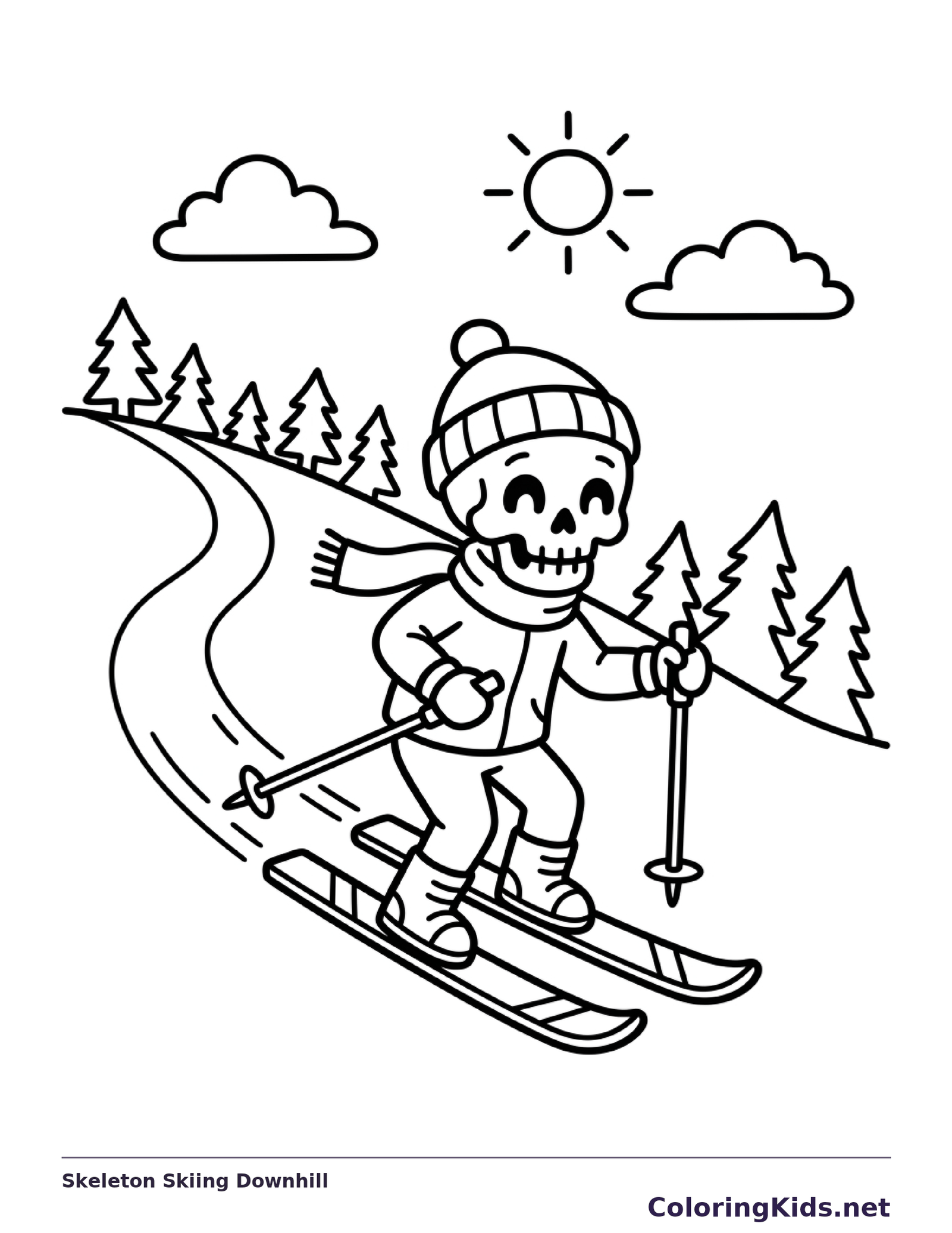 A skeleton skis down a snowy slope.