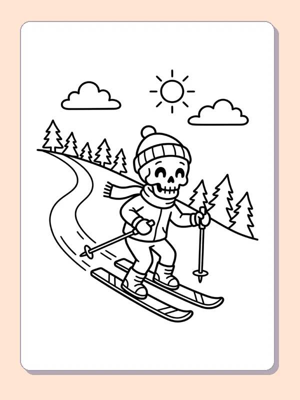 A skeleton skis down a snowy slope.