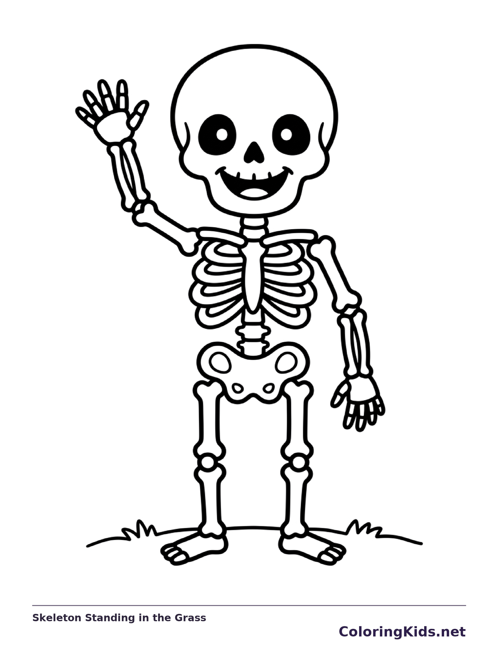 A skeleton stands on grass with one arm raised.
