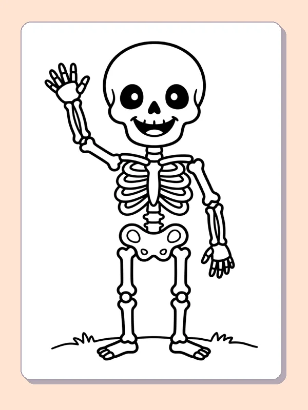 A skeleton stands on grass with one arm raised.