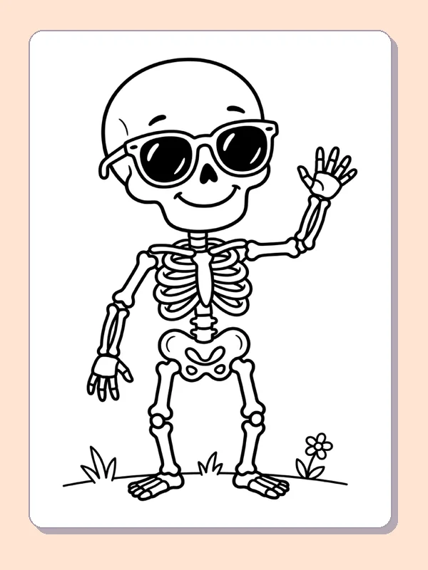 A skeleton wears oversized sunglasses under the sun.