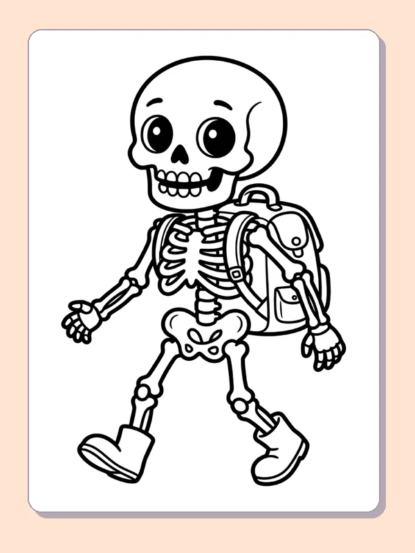 A backpack-carrying skeleton walks forward.