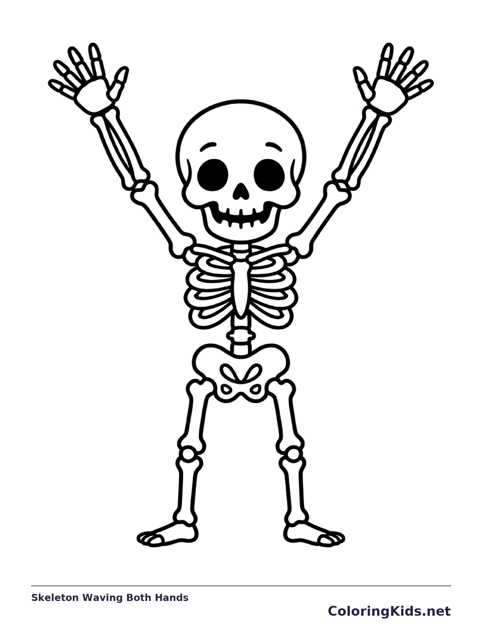 A skeleton raises both hands in a big wave.